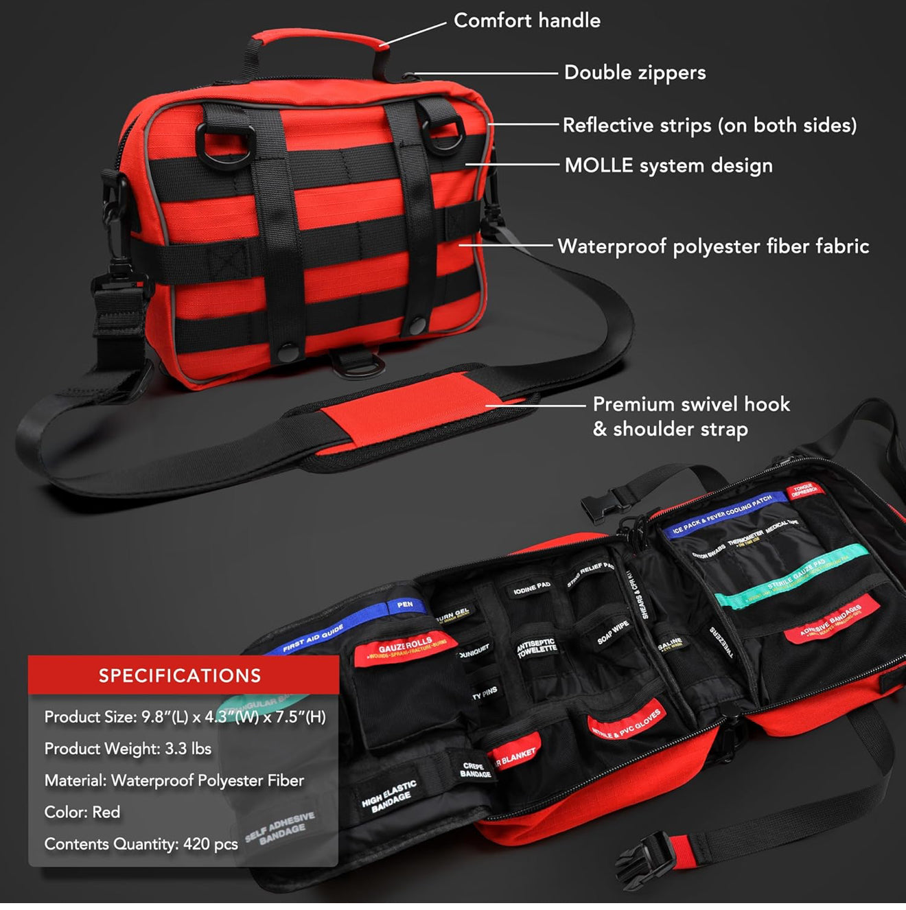 430 Piece First Aid Kit, Well-Organized Premium Waterproof Compact Trauma Medical Kits (Red)