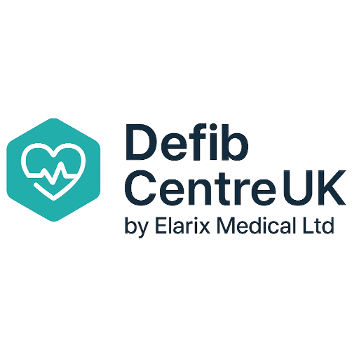 Defib Centre UK logo with Elarix Medical Ltd on a white background