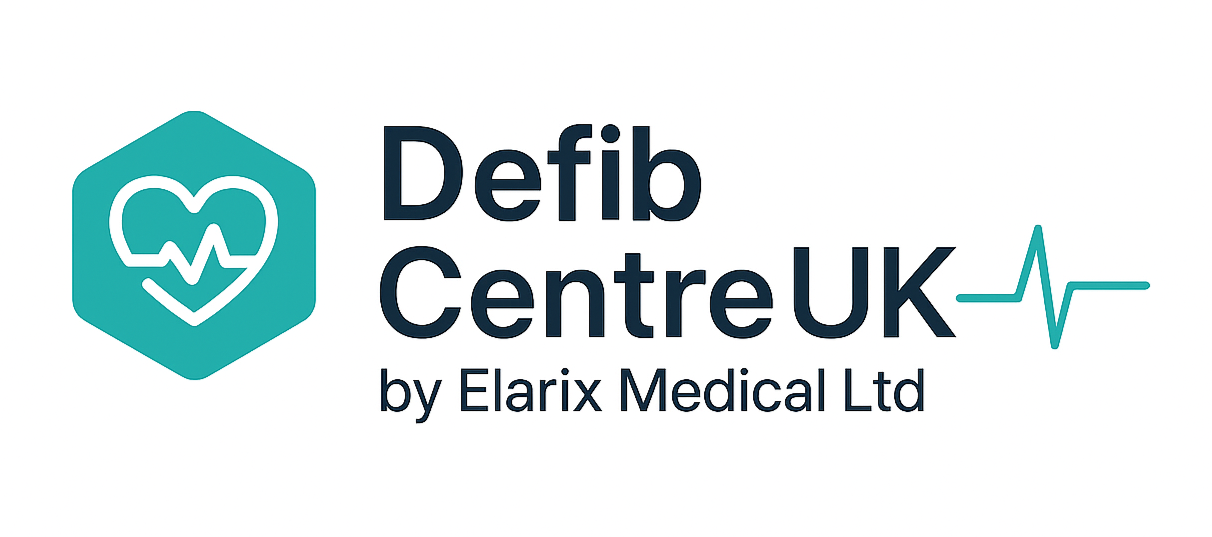 Defib Centre UK logo with Elarix Medical Ltd on a white background