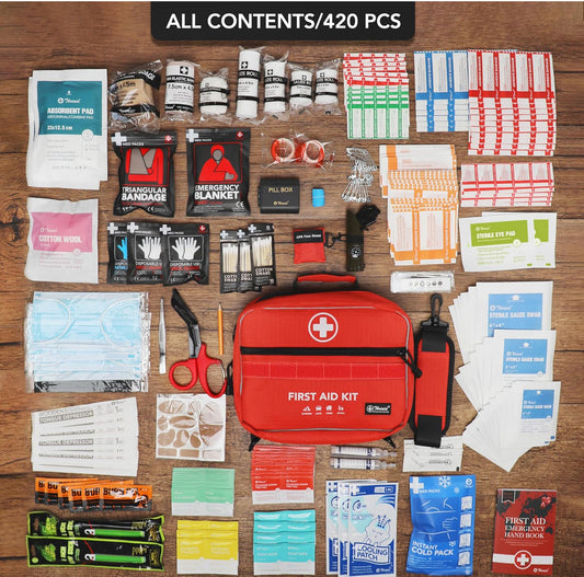 430 Piece First Aid Kit, Well-Organized Premium Waterproof Compact Trauma Medical Kits (Red)